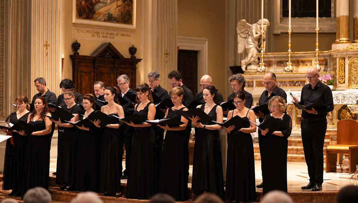 Il coro canta davanti all'altare dorato della chiesa di San Giovanni Battista a Robecco sul Naviglio